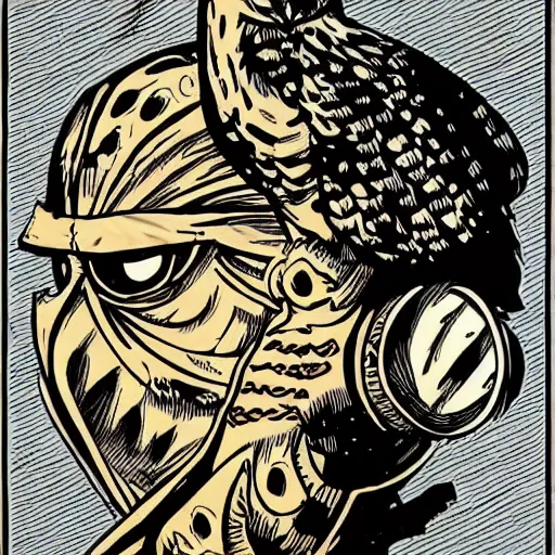 Image similar to a portrait of an owl warrior, comicbook art, in the style of mike mignola,