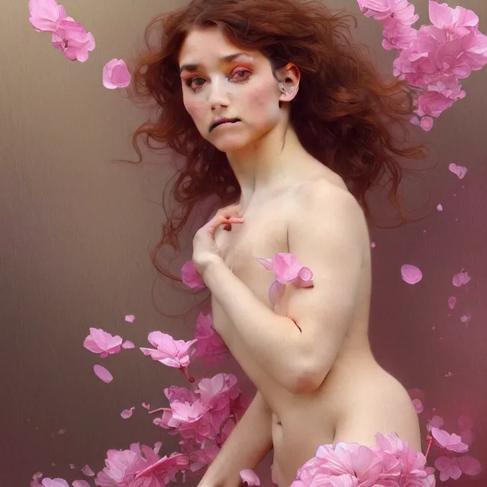 Prompt: pink petals with a shape of a human body, intricate, elegant, highly detailed, wonderful eyes, sweet, digital painting, artstation, concept art, smooth, sharp focus, illustration, art by artgerm and greg rutkowski and alphonse mucha and william - adolphe bouguereau