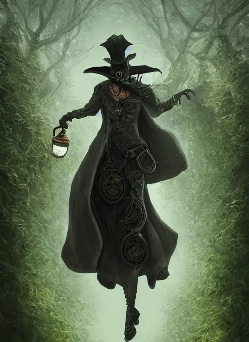 Prompt: a highly detailed illustration of plague doctor mask wearing woman, eerily floating with cape in the wind pose, surrounded by green mist, intricate, elegant, highly detailed, centered, digital painting, artstation, concept art, smooth, sharp focus, league of legends concept art, WLOP