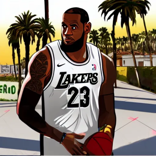 Image similar to Lebron James in GTA V . Los Santos in background, palm trees. in the art style of Stephen Bliss