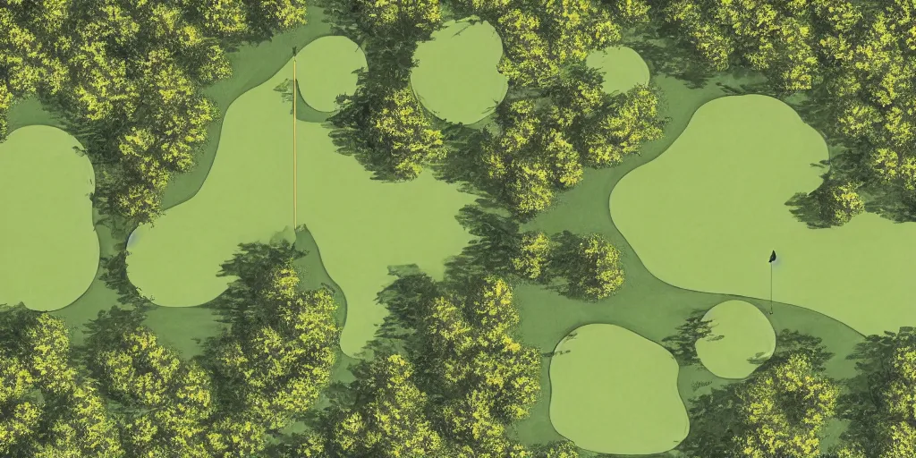 Image similar to top down pencil and oil drawing of a 18 hole golf course layout, there is water all around, many bushes and trees, minimalistic, flat, high res