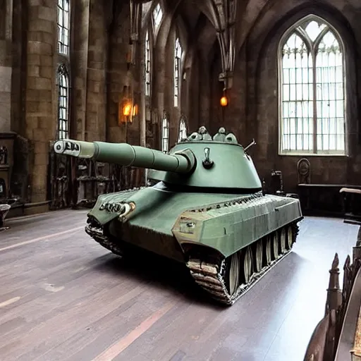 Prompt: Photo of a tank in Hogwarts common room