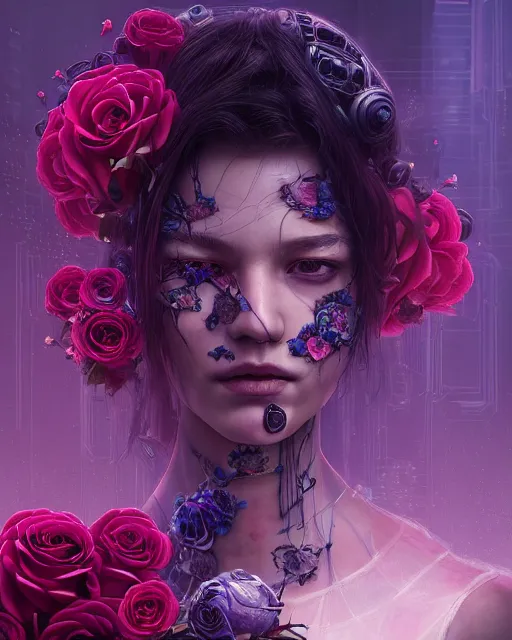 Image similar to portrait of a female face with roses instead of eyes, cyberpunk cyborg. roses, sci - fi, intricate abstract upper body intricate artwork, by tooth wu, wlop, beeple, dan mumford. concept art, octane render, deviantart, greg rutkowski, cinematic arthouse, key art, hyper realism, iridescent accents