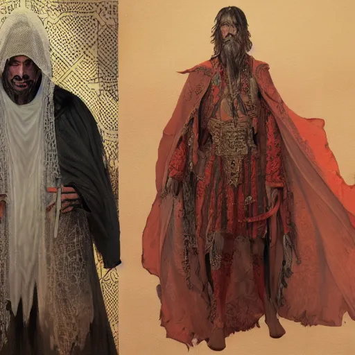 Image similar to highly detailed picture of a man with holes in his robes, religious man wearing clothes with huge rips, destroyed clothes, medieval background, mystic, d & d, fantasy, intricate, elegant, highly detailed, digital painting, artstation, concept art, smooth, sharp focus, illustration, art by artgerm and greg rutkowski and alphonse mucha