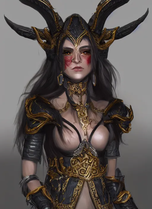 Prompt: A portrait of a beautiful woman demon priestess wearing finely detailed armor forged by the ancient gods unreal engine trending on artstation