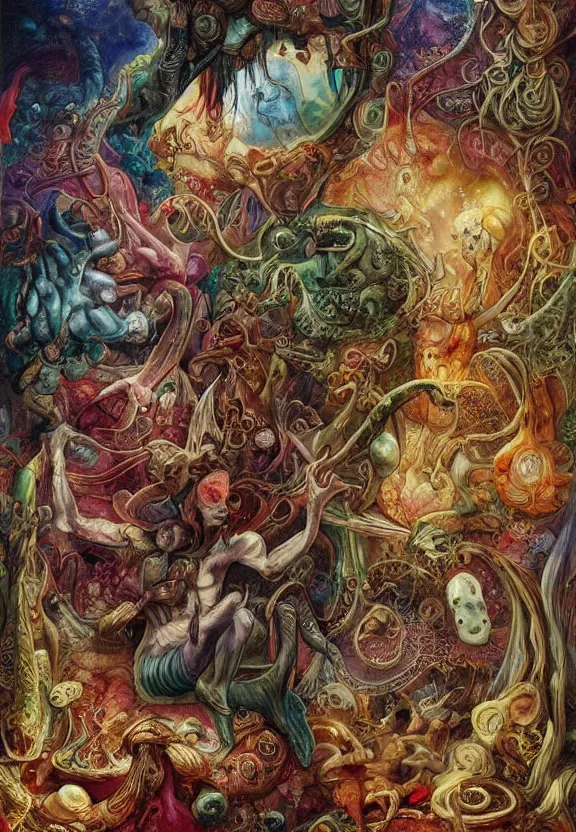 Image similar to simplicity, colorful muscular eldritch animals and bodies radiating outward, mandala, white bones, colorful gems, by h. r. giger and esao andrews and maria sibylla merian eugene delacroix, gustave dore, thomas moran, pop art, chiaroscuro, biopunk, art nouveau