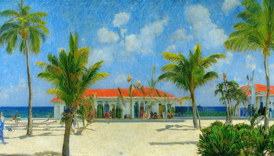 Prompt: a brazilian nordeste mansion designed by jules bastien - lepage, tarsila do amaral, frank weston and gustave baumann, beach, trending on artstation, mediterranean, palm trees, sharp focus, colorful refracted sparkles and lines, soft light, 8 k 4 k