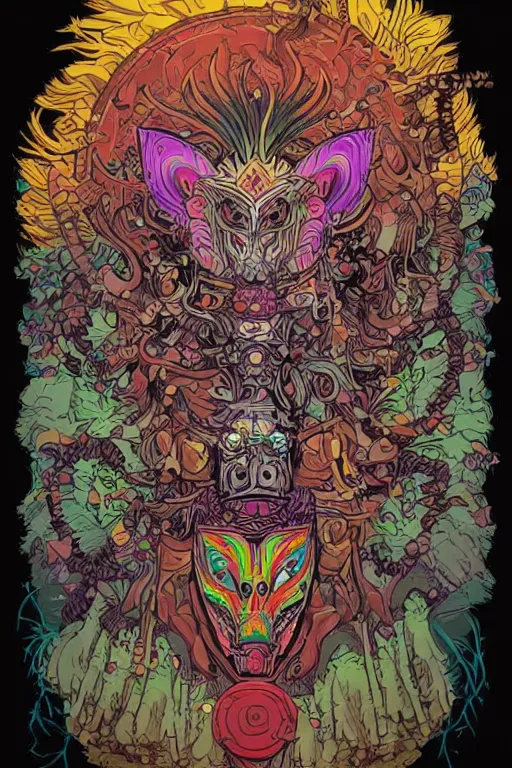 Image similar to animal mask totem roots flower tribal feather gemstone plant wood rock shaman vodoo video game vector cutout illustration vivid multicolor borderlands comics by josan gonzales and dan mumford radiating a glowing aura