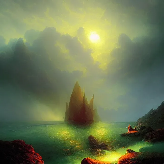 Prompt: fantasy landscape in the form of the human eye, volumetric lighting, colorful, sharp and focus, ultra detailed, beautifully lit landscape, astrophotography, in the art style of dan mumford, ivan aivazovsky and marc simonetti