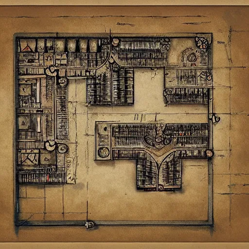 Image similar to handpainted floor plan map of a fantasy tavern, by greg rutkowski and james gurney, trending on artstation