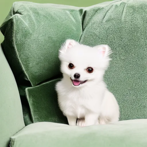 Image similar to small white pomeranian chihuahua dog on a green velvet sofa, photorealistic, hyper detailed, 8k, tight focus, masterpiece, trending on artstation