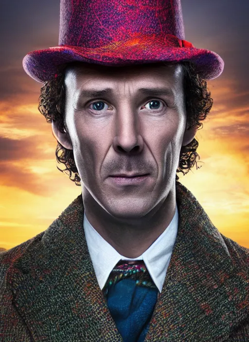 Prompt: Sherlock Holmes, hyper realistic, sunset, colourful, portrait, deerstalker, vivid, 4k, 8k