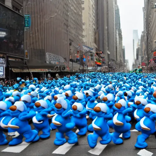 Prompt: a parade of stuffed smurfs marching down 5 th ave manhattan on st. patrick's day, 8 k, photo realistic, extremely life like