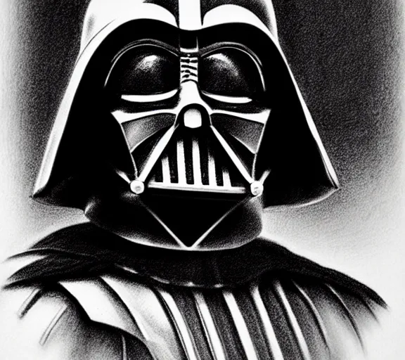 Image similar to beautiful pencil sketch portrait of Darth Vader by Vincent van Gogh; realistic-lighting