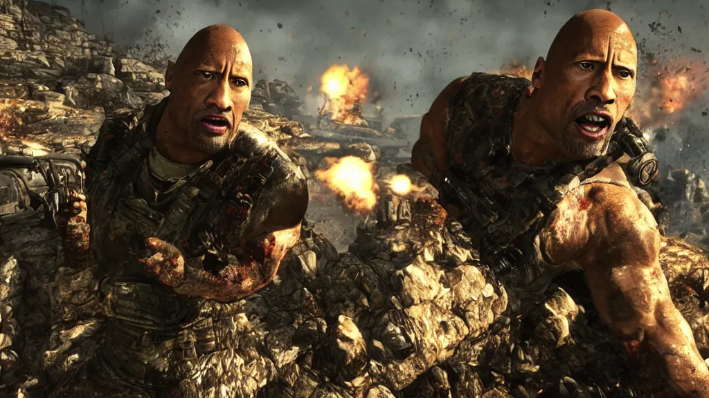 Image similar to dwayne the rock johnson, dwayne the rock johnson in the call of duty zombies map tranzit, black ops 2 tranzit, screenshot