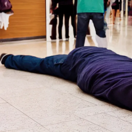 Prompt: man lying face - flat on the floor in the mall