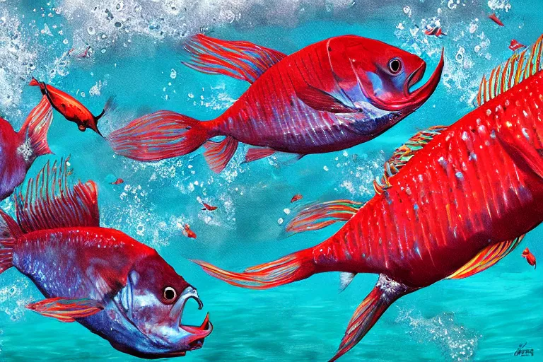 Image similar to An underwater painting of big Red Fish chasing shrimp in the Galveston Bay, inspired by Guy Harvey, Sport Fishermen Magazine, digital art, insanely detailed, hyper detailed photorealistic, ambient lighting, award winning, stunning