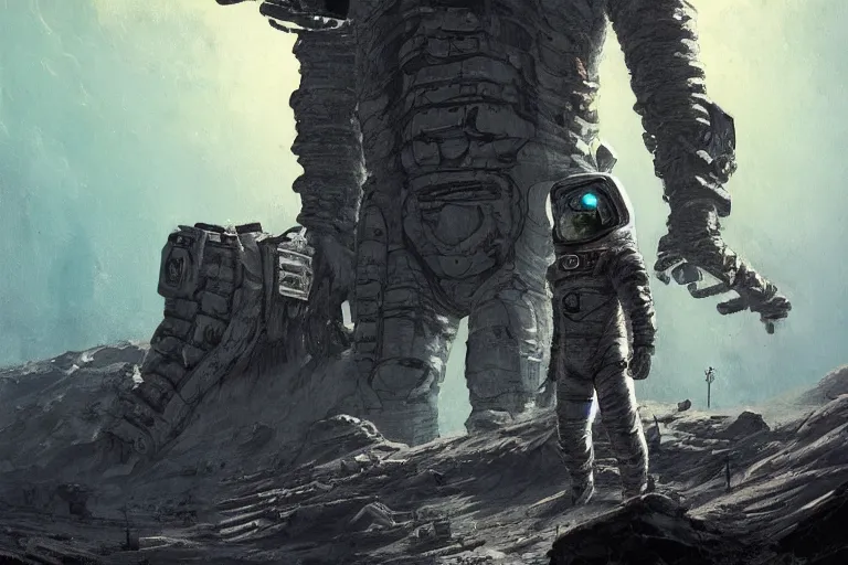 Image similar to dead Space themed Astronaut standing by jagged alien ruins, Industrial Scifi, detailed illustration, Chiaroscuro, concept art, by Martin Grip and Moebius