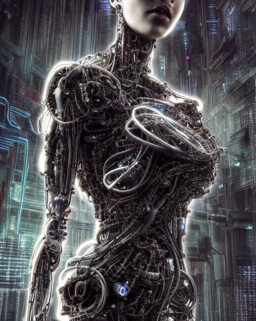 Image similar to portrait photo of a biomechanical torso of a cyborg plugged into a quantum computer with cables and wires and optic fibers. cyberpunk horror style. art by luis royo. highly detailed 8 k. intricate. nikon d 8 5 0 5 5 mm. award winning photography.