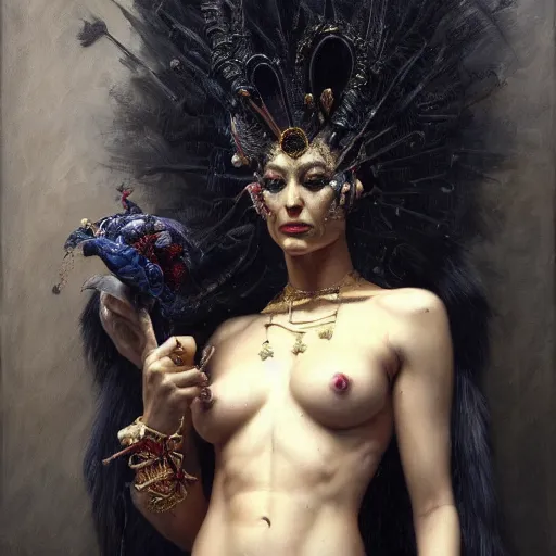 Prompt: highly detailed oil painting | very intricate | cinematic lighting | the voodoo priestess dressed very elaborate | by roberto ferri, by tom bagshaw, by j. c. leyendecker and klimt, beautiful cinematic light, american romanticism, by austin osman spare, artstation, cgsociety, official art, octane
