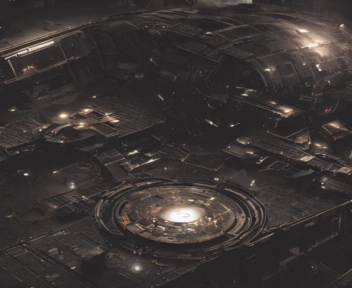 Prompt: a space junkyard forming a tilted disk in black starless space, a graveyard of space stations and giant space structures, dark sci - fi game screen, solid black background, everything fits on the screen, octane render