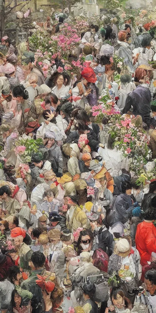 Image similar to oil painting scene crowd from blooming garden by kim jung gi