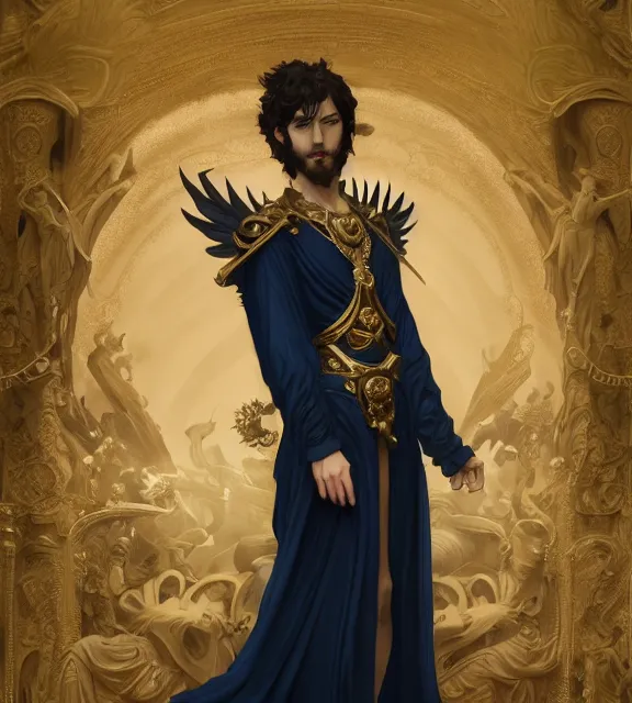 Image similar to god of death, young male, in the underworld, elegant dark blue dress, very detailed, throne, very intricate details, jewelry, gold eyeshadow, elaborate long black hairstyle, wings, cinematic, artstation, william bouguereau, alphonse mucha, greg rutkowski, rossdraws, octane render