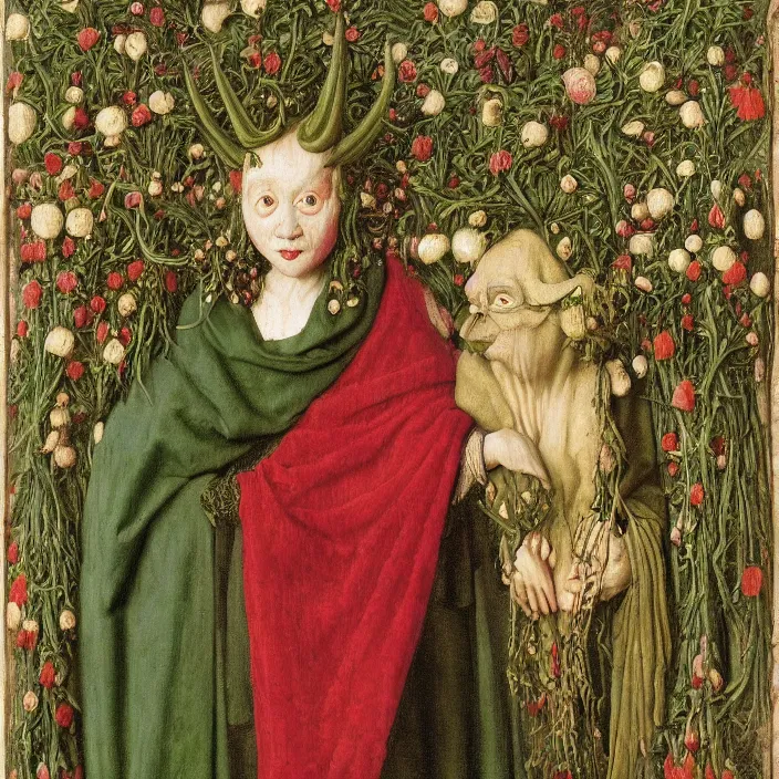 Image similar to a woman wearing a hooded cloak made of flowers holding a green-horned goblin monster, by Jan van Eyck