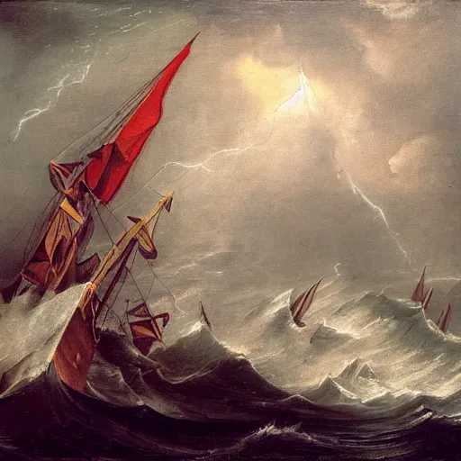 Image similar to a medieval vessel sailing the sea in a rough storm, sailors frantically pulling at ropes and tying the sails, large waves crashing and lightning striking in the distance, dark great clouds swirling above, detailed and oil painting