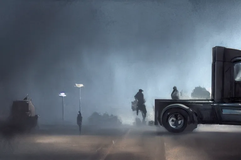 Prompt: epic concept art of an approaching truck and a man standing still. close - up man in foreground. backlight. rim light, strong contrast. by ashley wood and j. m. w. turner, speed painting, photo bash, cinematic angle, super detailing, strong perspective, traffic accident, haze over the shoulder shot