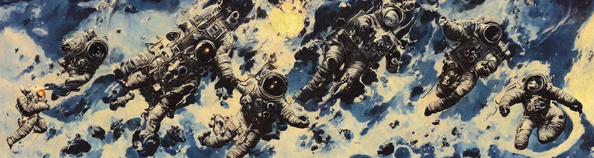 Prompt: astronauts in the space by frank frazetta