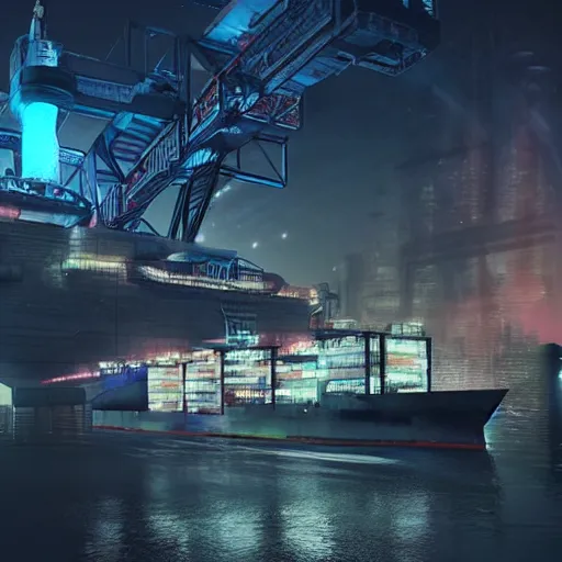 Prompt: Immense industrial futuristic cargo ship arrives at cyber punk city sea port, cinematic lighting, night photo