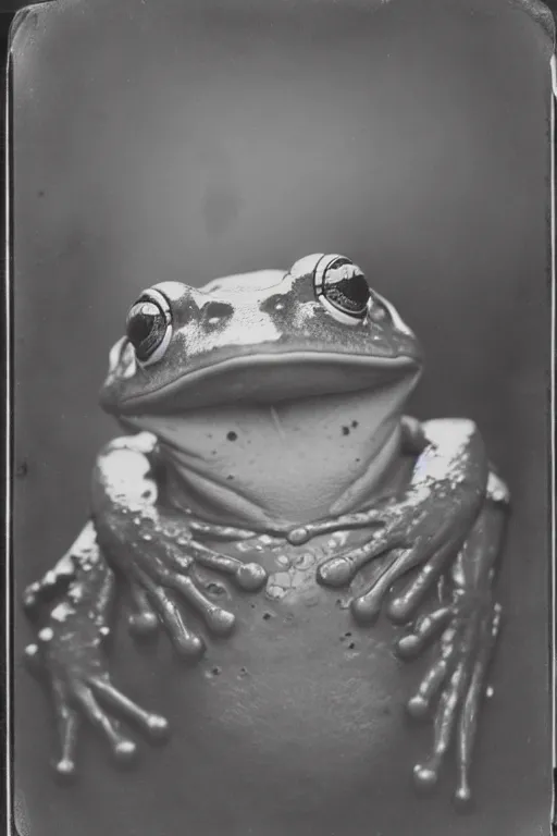 Prompt: a wet plate photo of an anthropomorphic frog king