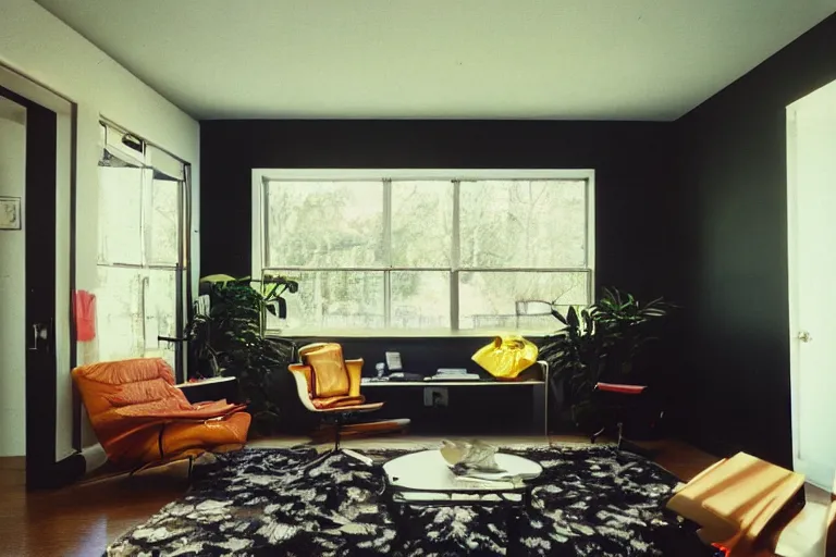 Image similar to photograph of black cubical radiating energy in suburban living room, crisp focus, highly detailed, in jeff wall style, 3 5 mm ektachrome