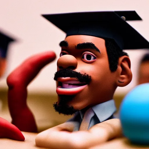 Image similar to a cinematic film still of a claymation stop motion film starring chance the rapper as a college student, shallow depth of field, 8 0 mm, f 1. 8