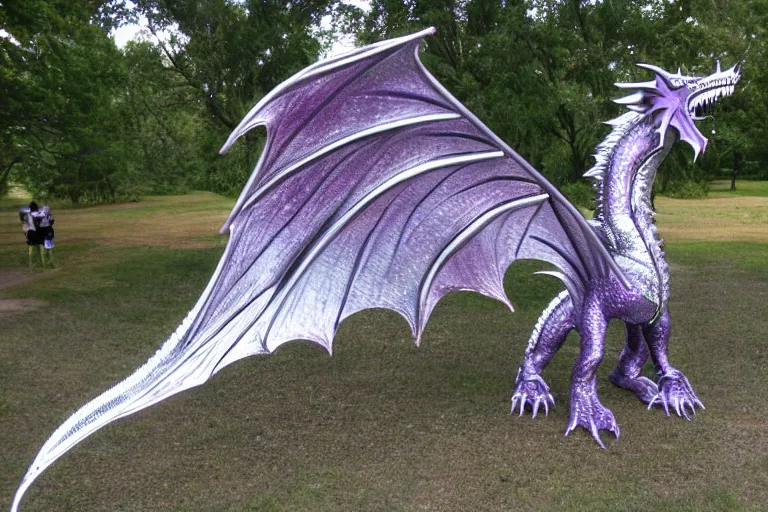 Image similar to 128 foot tall silver western style dragon that has purple accents, 360 foot wingspan, and jagged yet smooth plated scales