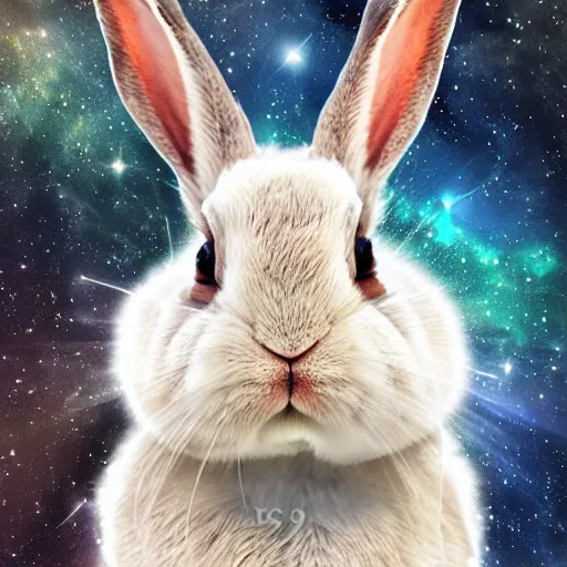 Image similar to serious rabbit's face only made by nebula space, higher realistic