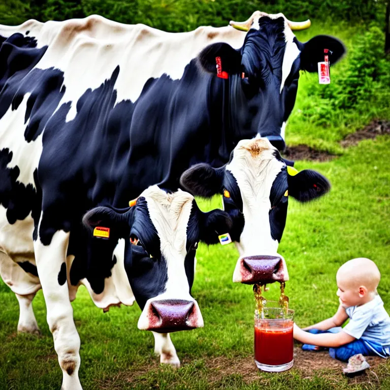 Prompt: homelander from the boys drinks milk from a cow, dslr shot