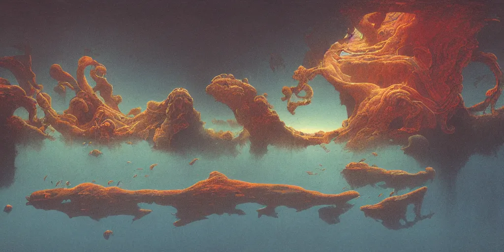 Prompt: underwater landscape, fluid, smooth, bright colours, high contrast, sharpness, beautiful, peaceful, very detailed, intricate, volumetric lighting, by moebius and beksinski and bosch and bacon and giger and corben
