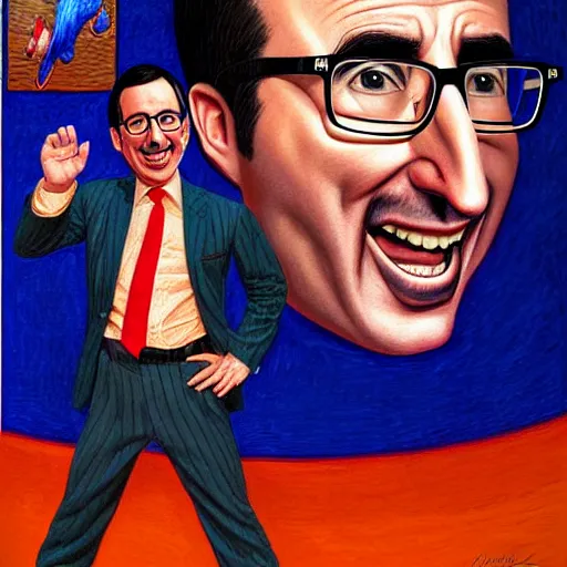 Prompt: Facial portrait. John Oliver, looking at the camera, laughing like a maniac. dramatic background, dramatic illumination. extremely detailed painting on canvas. by Greg Capullo and by Henry Moebius and by John Romita Jr. Shown in a newspaper.