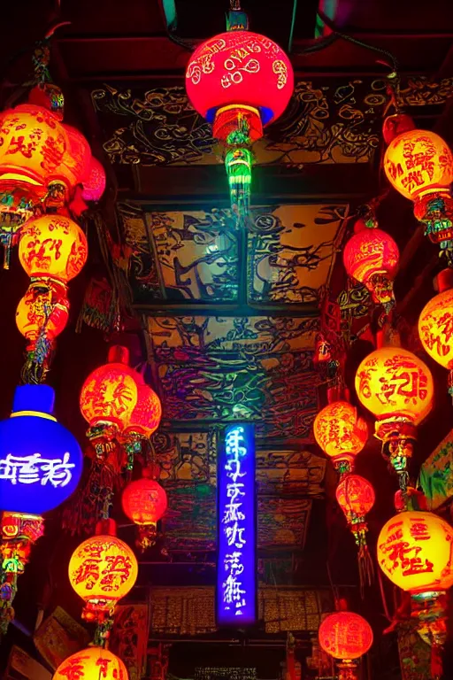 Image similar to a beautiful cyberpunk oriental deity, neon lanterns, intricate details, soft lighting, by warren louw,