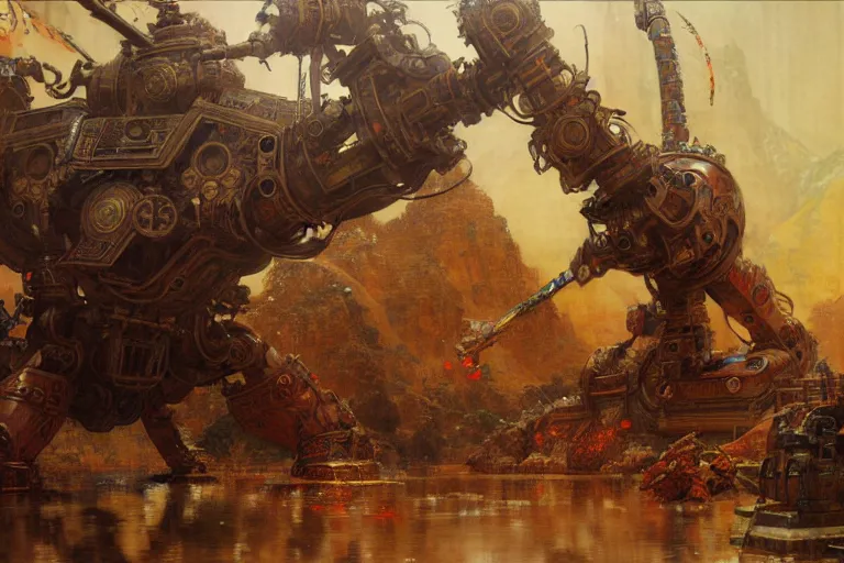 Image similar to wuxia, huge machine robot, painting by gaston bussiere, craig mullins, j. c. leyendecker