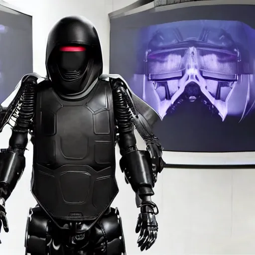 Image similar to eminem wearing a futuristic armored mask with large a large video screen image of eminem where his face should be, and he is wearing black leather exoskeleton mechanical body armor. a mini - gun is attached to the end of a robot arm that mounted on his shoulder - h 6 4 0