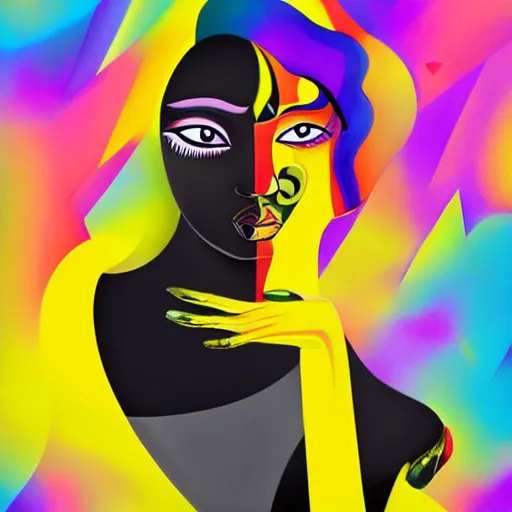 Prompt: a black woman with yellow eyes and a rainbow background, digital art by tomokazu matsuyama, behance contest winner, generative art, irridescent, grain, androgynous, black background