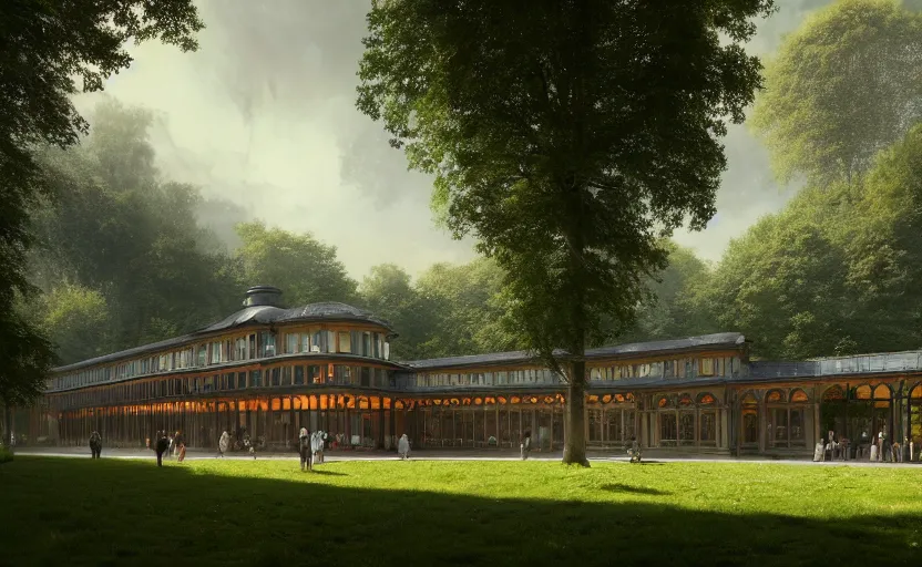 Image similar to exterior shot of utopian victorian train station on in the middle of an english garden with cinematic lighting by peter zumthor and renzo piano, darek zabrocki and greg ruthkowski, simon stalenhag, cinematic, holy place, paradise, scifi, futurism, atmospheric, concept art, artstation, trending on artstation