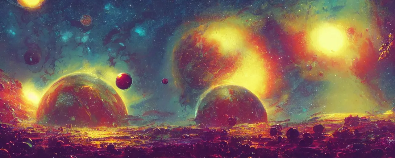 Image similar to ” outer planet covered in dripping honey, [ art by paul lehr, cinematic, detailed, epic, widescreen, opening, establishing, mattepainting, photorealistic, realistic textures, octane render ] ”