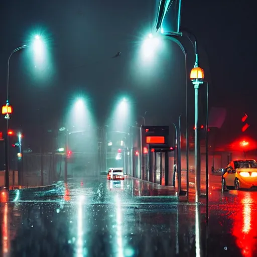 Prompt: peaceful city street at night raining, many streetlights along the road, with their light reflecting off puddles and rain covered cars