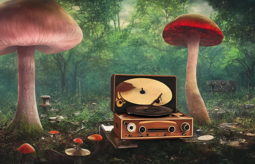 Image similar to A realistic painting of a vintage record player and speakers, with giant psychedelic mushrooms growing out of it, in a post apocalyptic park, daytime, ghibli, unreal 5, DAZ, hyperrealistic, octane render, RPG portrait, dynamic lighting