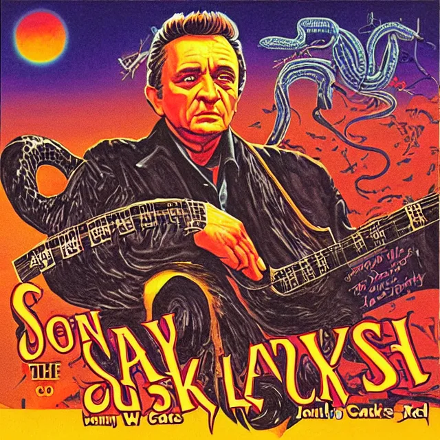 Image similar to album cover for Johnny Cash: The Snake Oil Tapes, album art by Ron Walotsky, snake oil album, snakes, no text