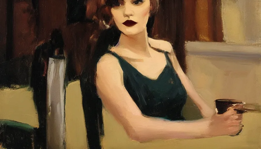 Image similar to painting by malcolm t liepke, young woman in cafe, detailed, stunning